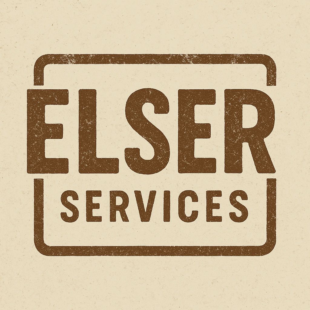 Elser Services stamp logo, vintage brown on cream, as they publish it.
